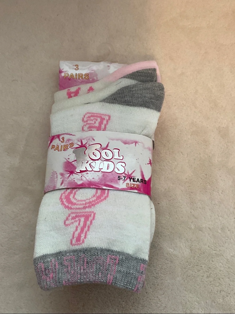 3-Pack Crew Socks in White, Pink & Gray